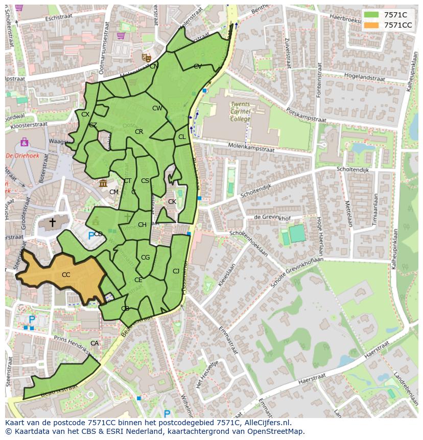 Afbeelding van het postcodegebied 7571 CC op de kaart.
