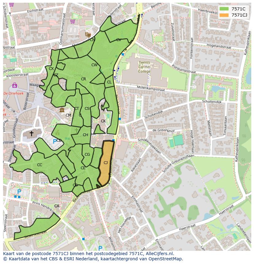 Afbeelding van het postcodegebied 7571 CJ op de kaart.
