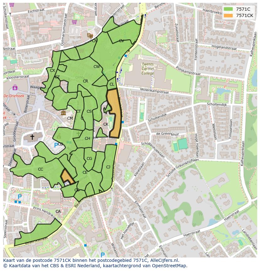 Afbeelding van het postcodegebied 7571 CK op de kaart.