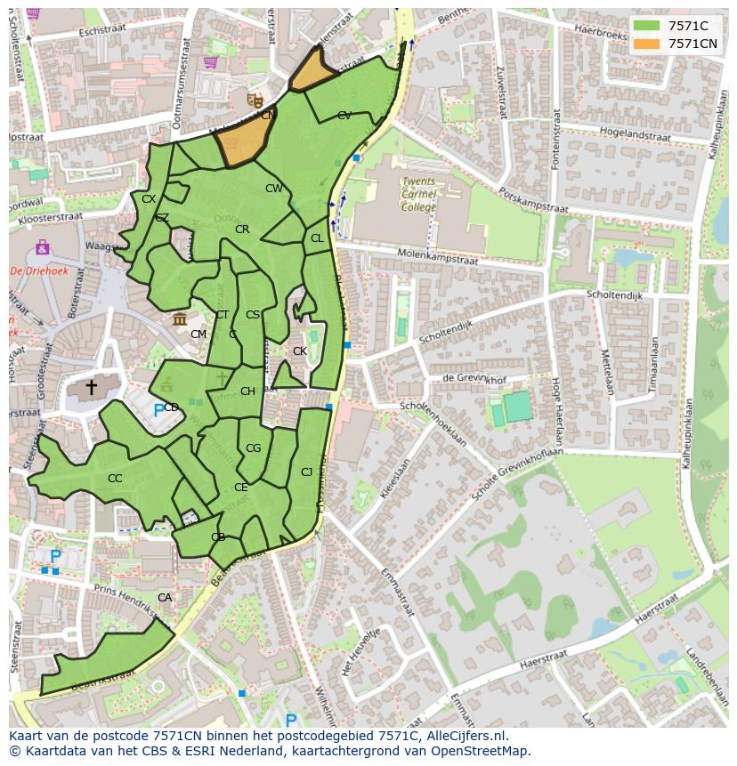 Afbeelding van het postcodegebied 7571 CN op de kaart.