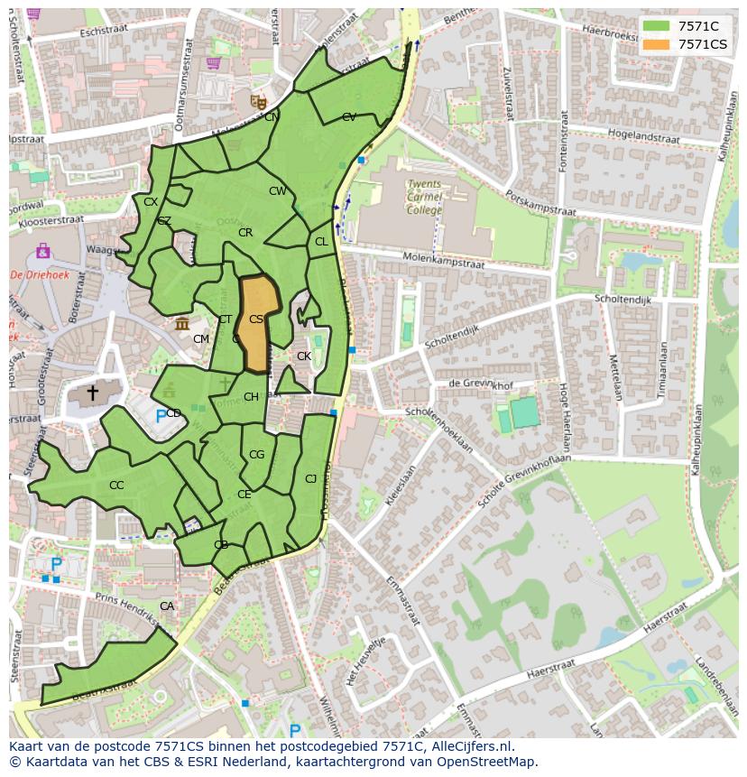 Afbeelding van het postcodegebied 7571 CS op de kaart.