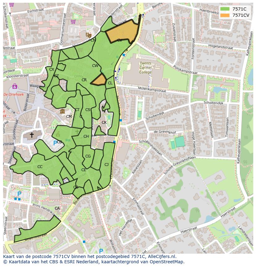 Afbeelding van het postcodegebied 7571 CV op de kaart.