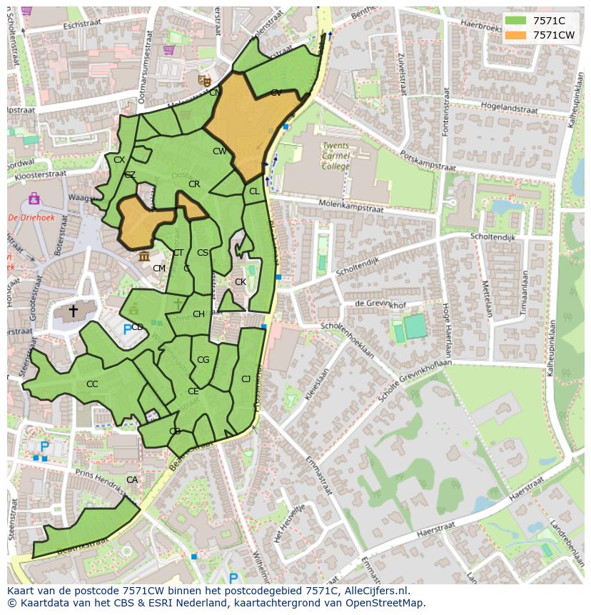 Afbeelding van het postcodegebied 7571 CW op de kaart.