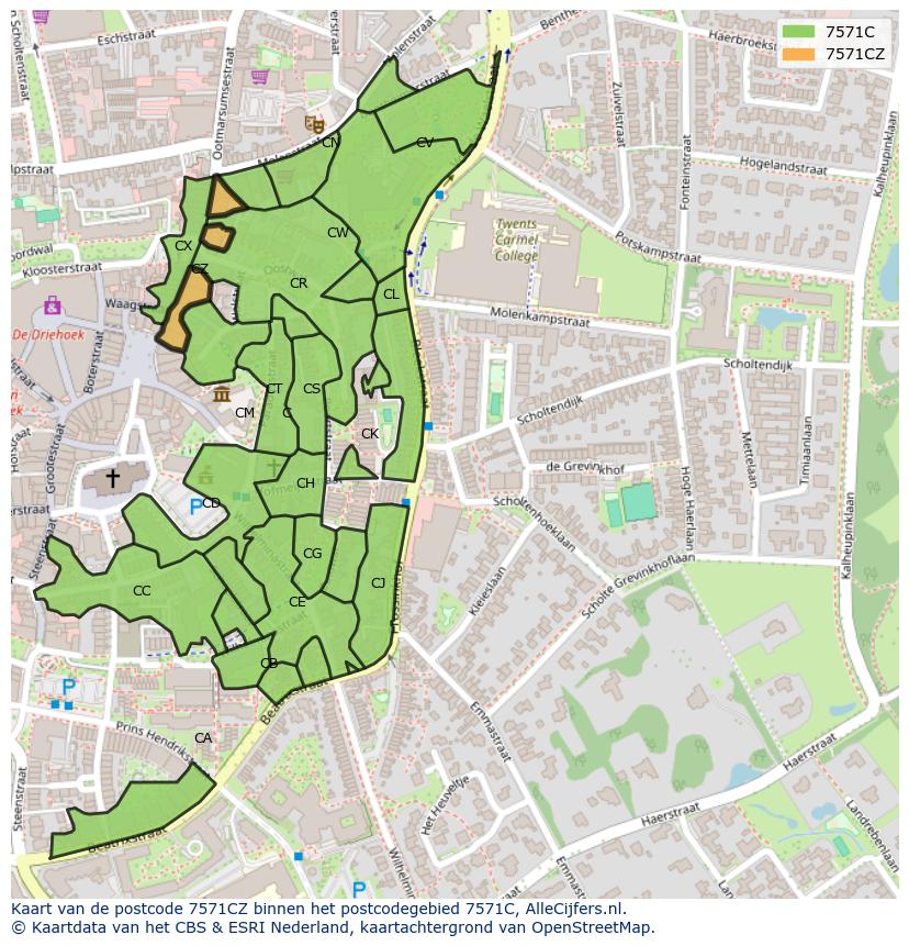 Afbeelding van het postcodegebied 7571 CZ op de kaart.