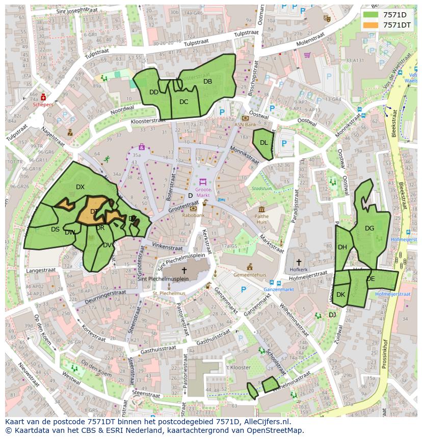 Afbeelding van het postcodegebied 7571 DT op de kaart.