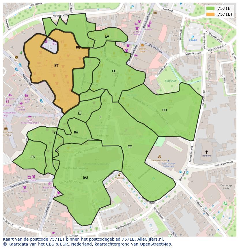 Afbeelding van het postcodegebied 7571 ET op de kaart.
