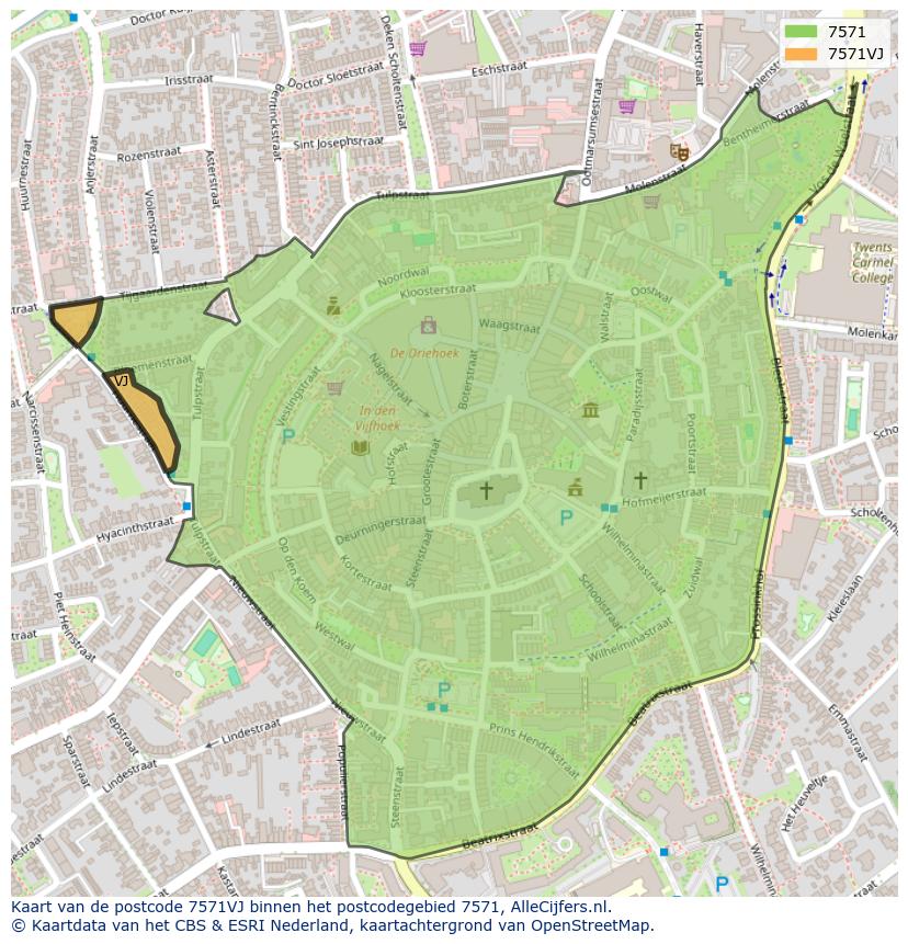 Afbeelding van het postcodegebied 7571 VJ op de kaart.