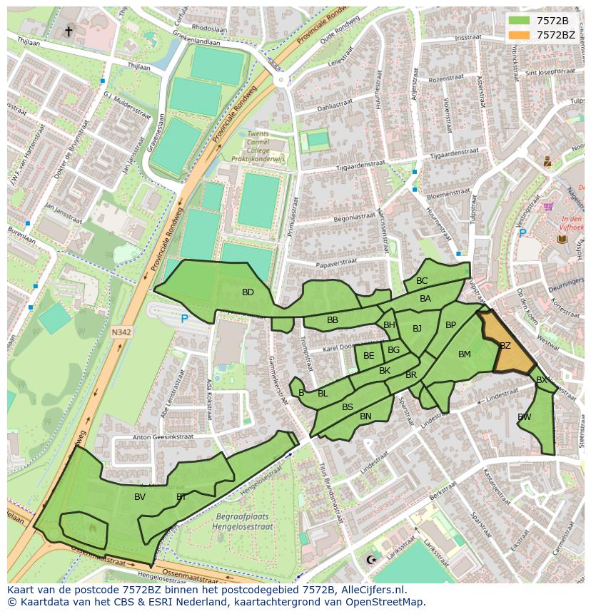 Afbeelding van het postcodegebied 7572 BZ op de kaart.