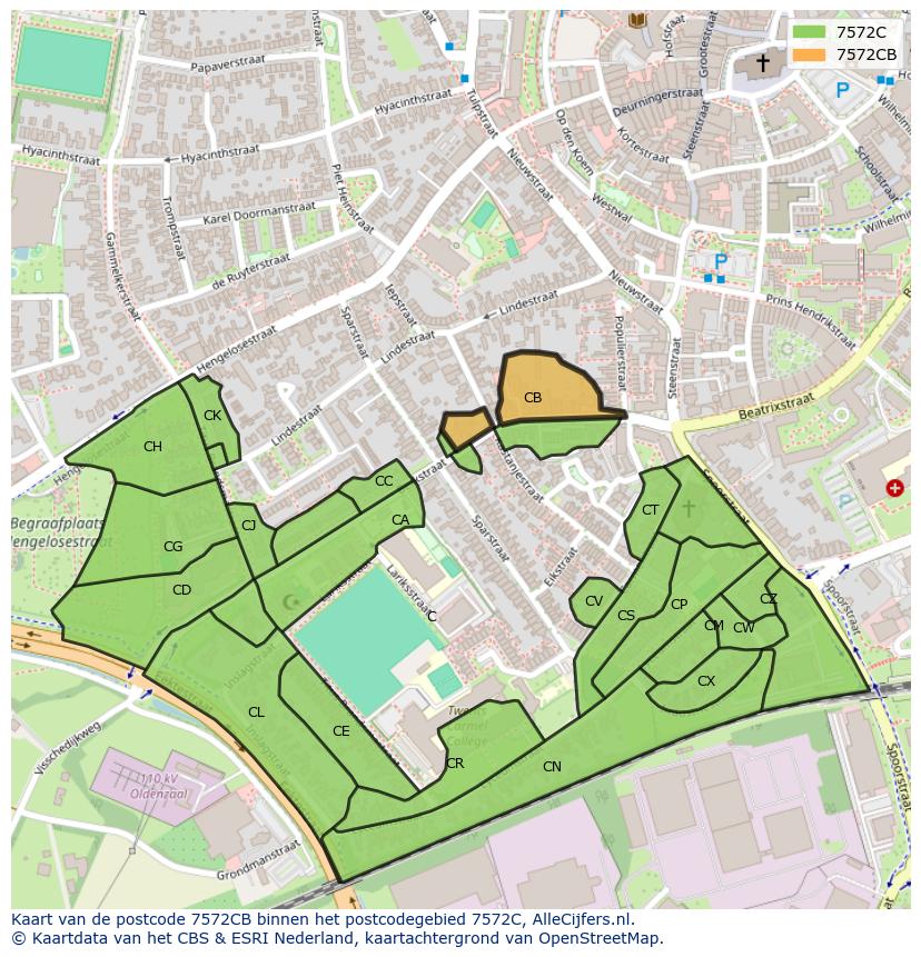 Afbeelding van het postcodegebied 7572 CB op de kaart.
