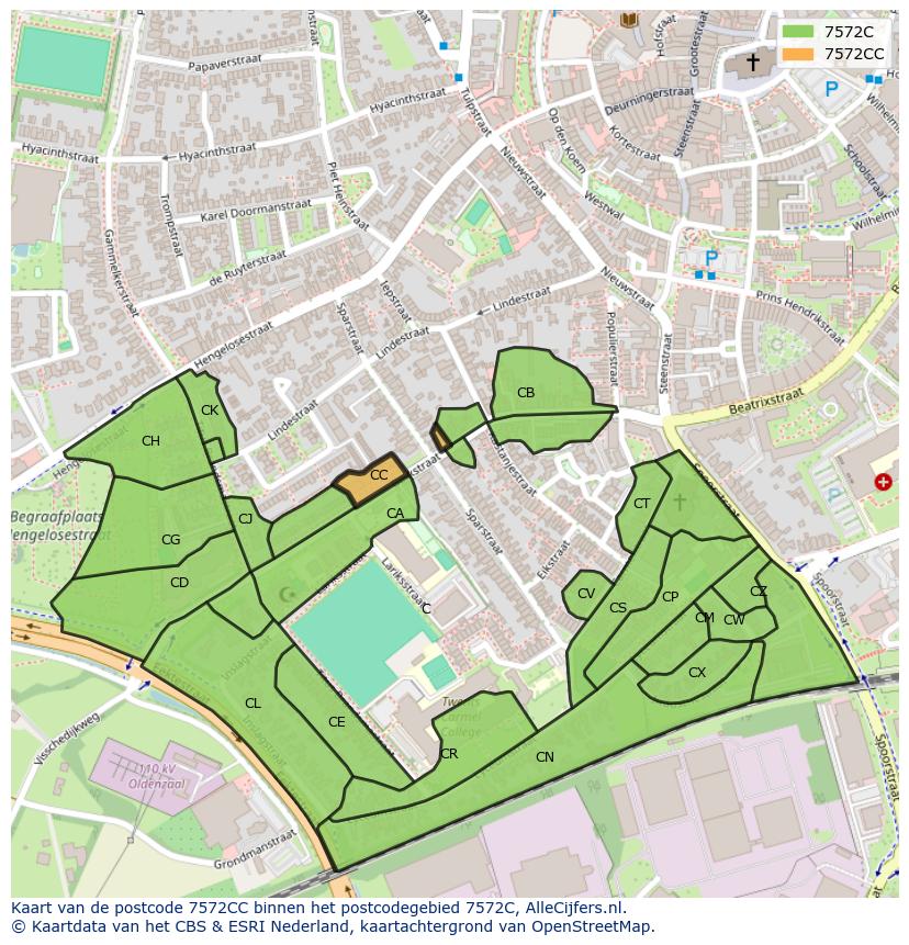 Afbeelding van het postcodegebied 7572 CC op de kaart.