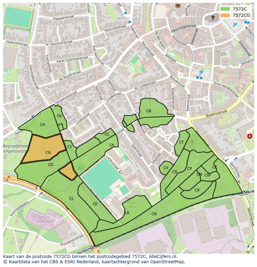 Afbeelding van het postcodegebied 7572 CG op de kaart.