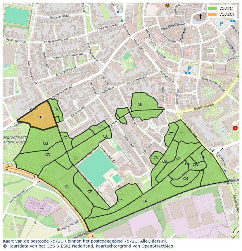 Afbeelding van het postcodegebied 7572 CH op de kaart.