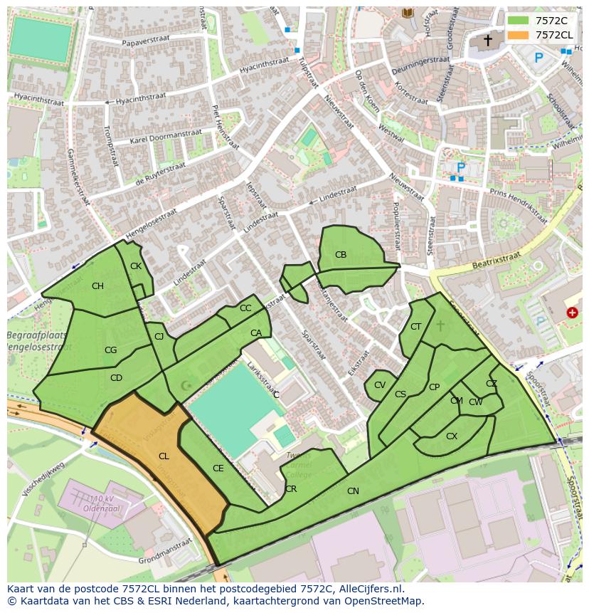 Afbeelding van het postcodegebied 7572 CL op de kaart.