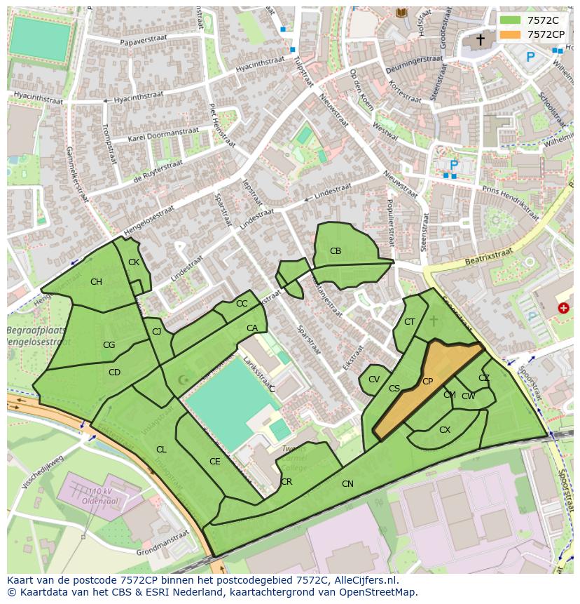 Afbeelding van het postcodegebied 7572 CP op de kaart.