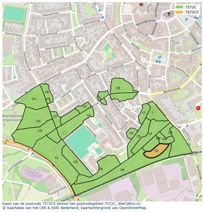 Afbeelding van het postcodegebied 7572 CX op de kaart.