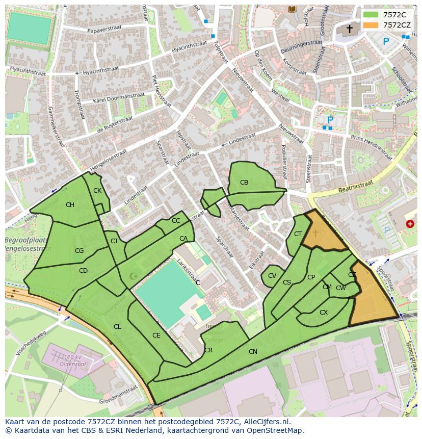 Afbeelding van het postcodegebied 7572 CZ op de kaart.
