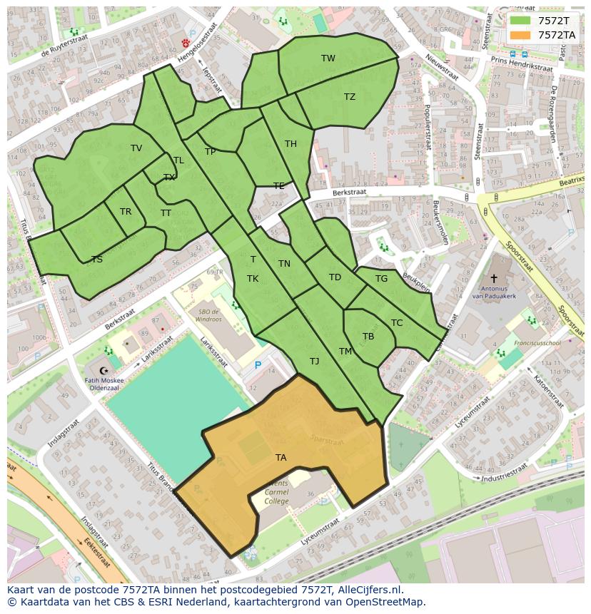 Afbeelding van het postcodegebied 7572 TA op de kaart.