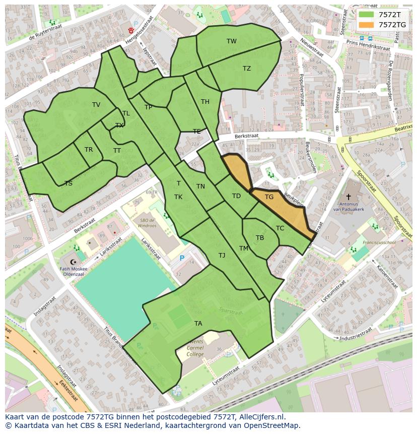 Afbeelding van het postcodegebied 7572 TG op de kaart.