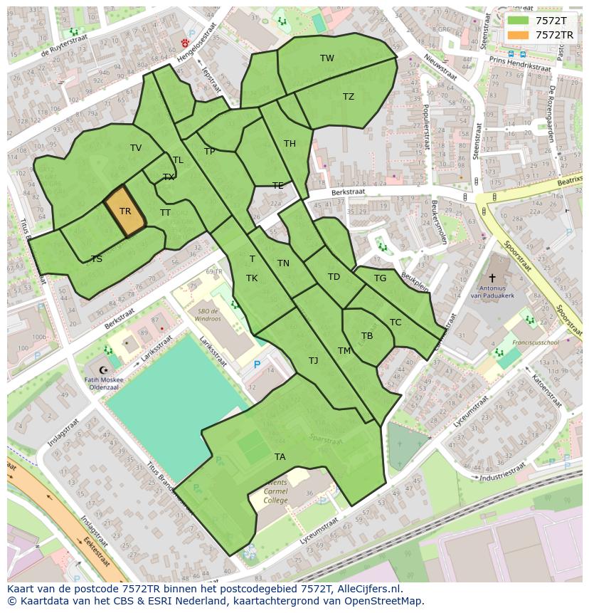 Afbeelding van het postcodegebied 7572 TR op de kaart.