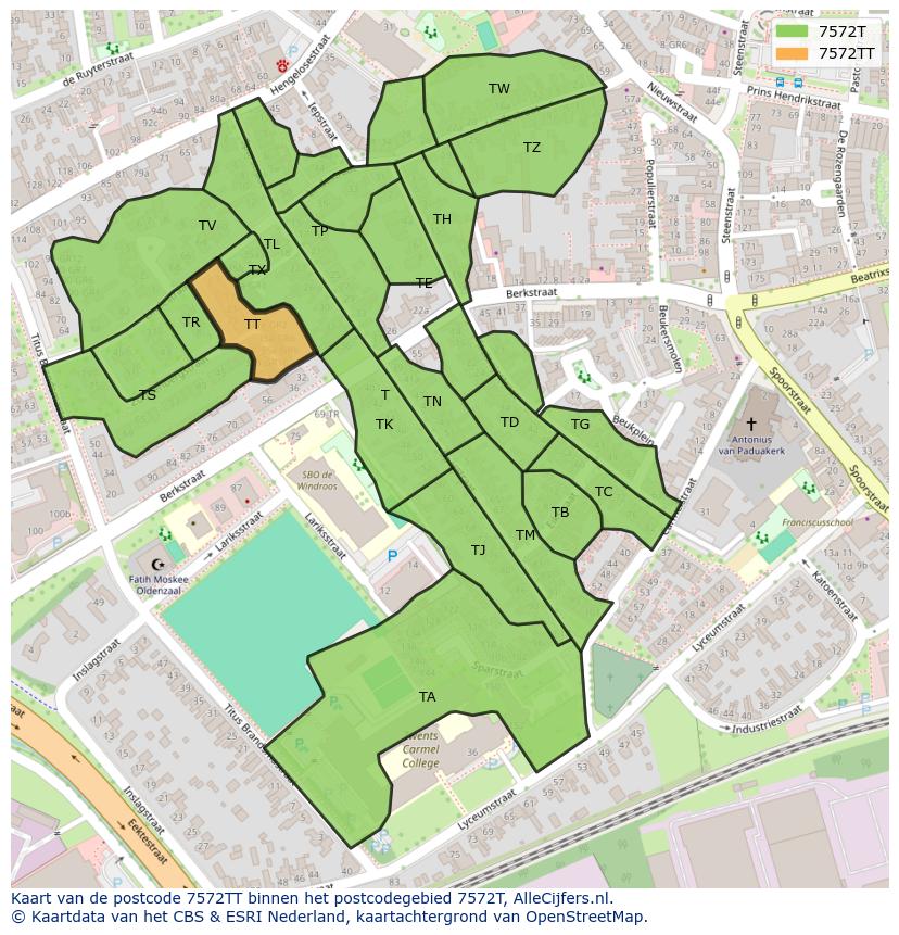 Afbeelding van het postcodegebied 7572 TT op de kaart.