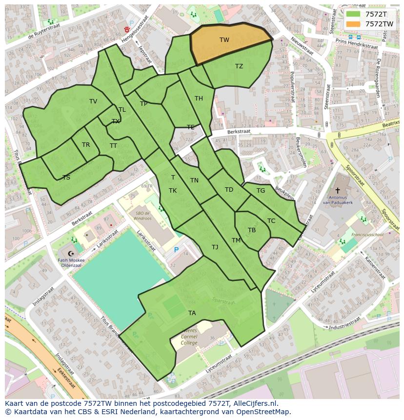 Afbeelding van het postcodegebied 7572 TW op de kaart.