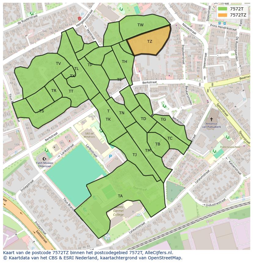 Afbeelding van het postcodegebied 7572 TZ op de kaart.