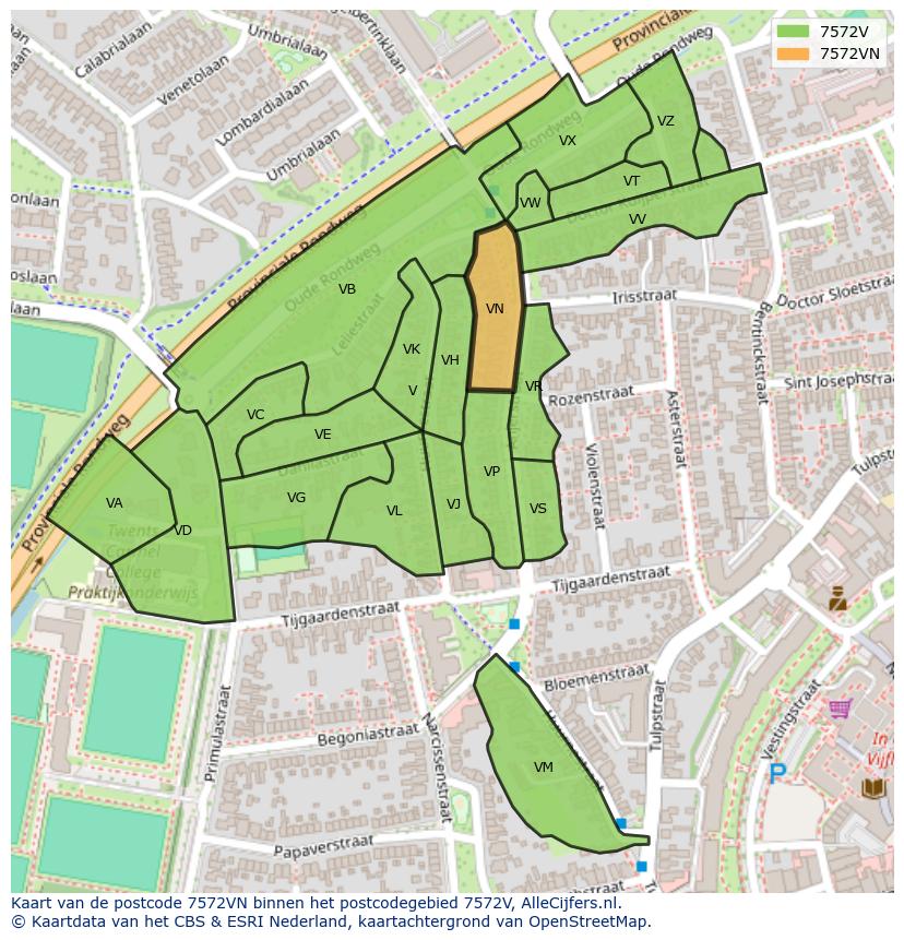Afbeelding van het postcodegebied 7572 VN op de kaart.