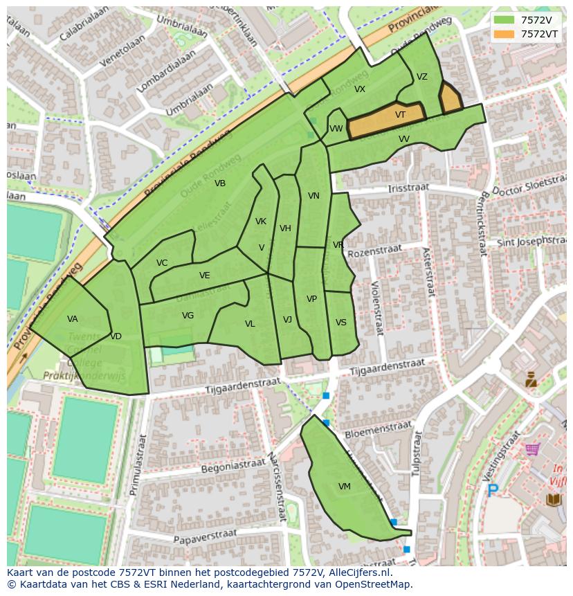 Afbeelding van het postcodegebied 7572 VT op de kaart.