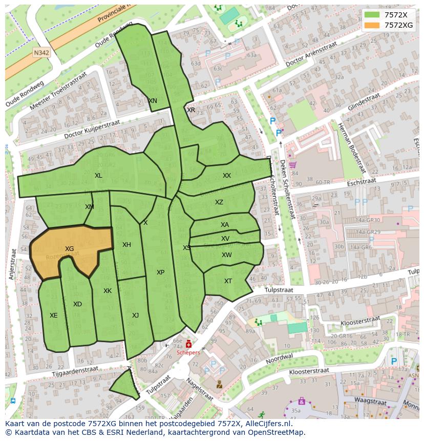 Afbeelding van het postcodegebied 7572 XG op de kaart.