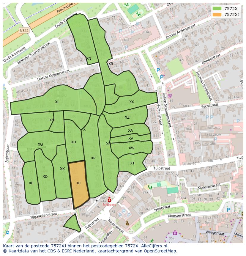 Afbeelding van het postcodegebied 7572 XJ op de kaart.