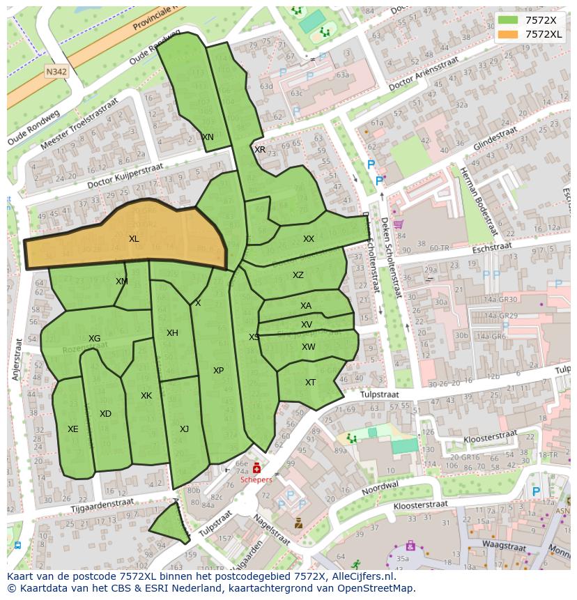 Afbeelding van het postcodegebied 7572 XL op de kaart.