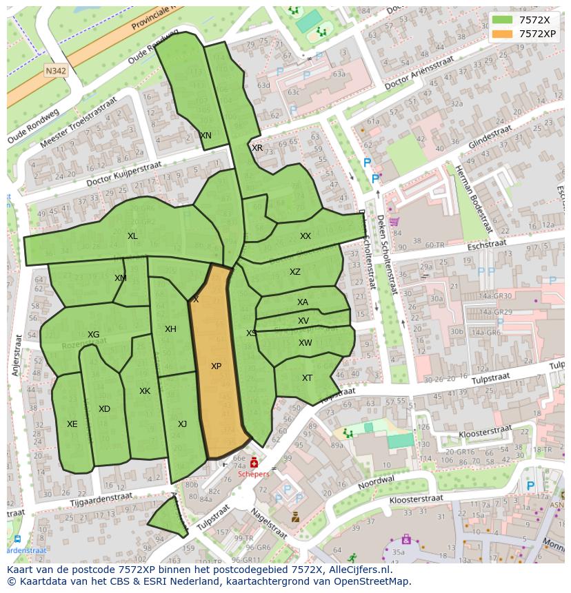 Afbeelding van het postcodegebied 7572 XP op de kaart.