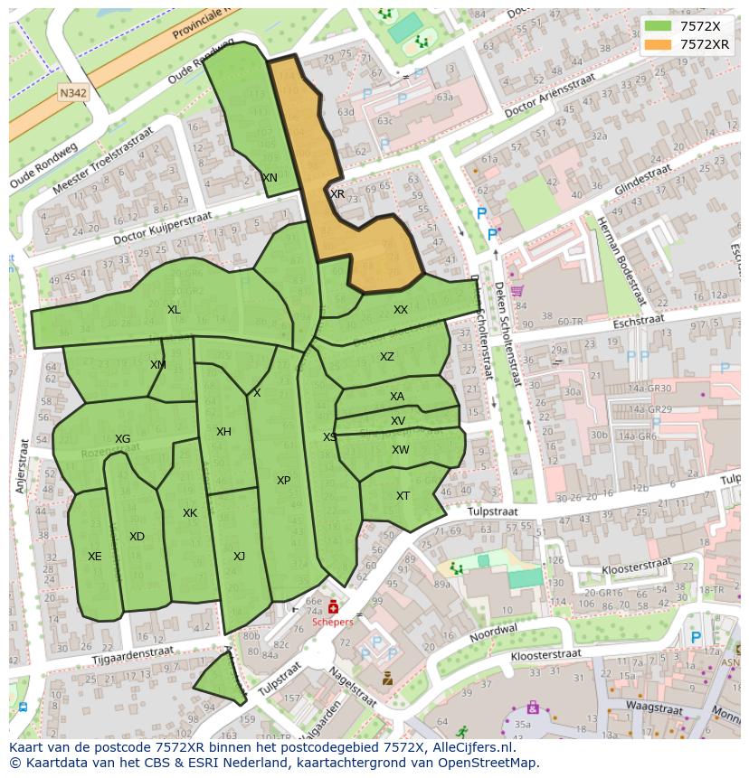 Afbeelding van het postcodegebied 7572 XR op de kaart.