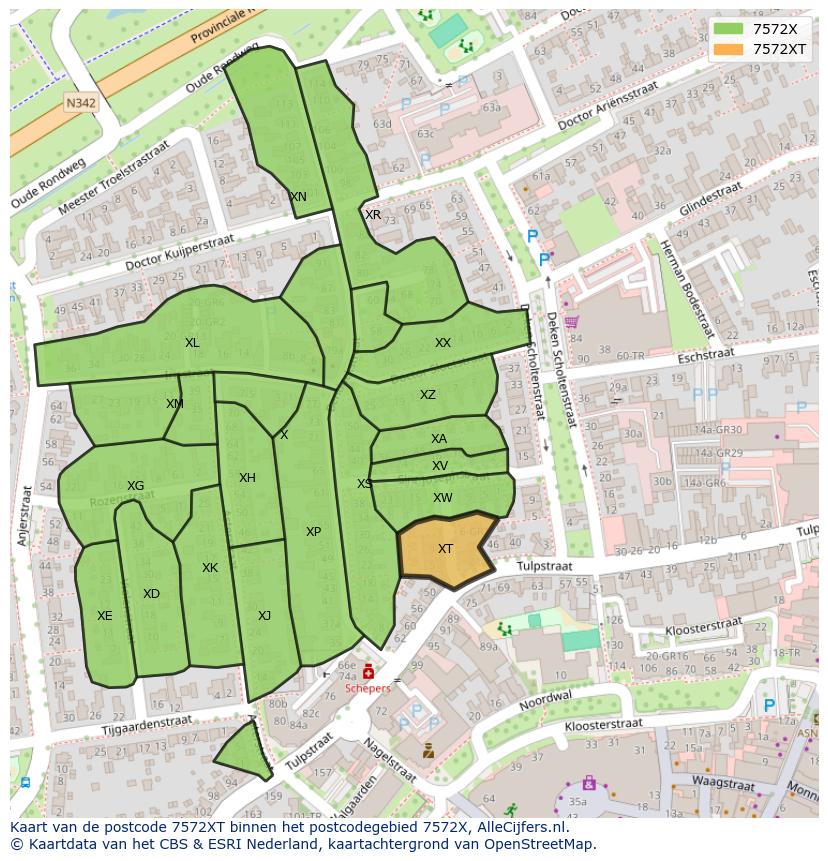 Afbeelding van het postcodegebied 7572 XT op de kaart.