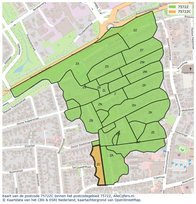 Afbeelding van het postcodegebied 7572 ZC op de kaart.
