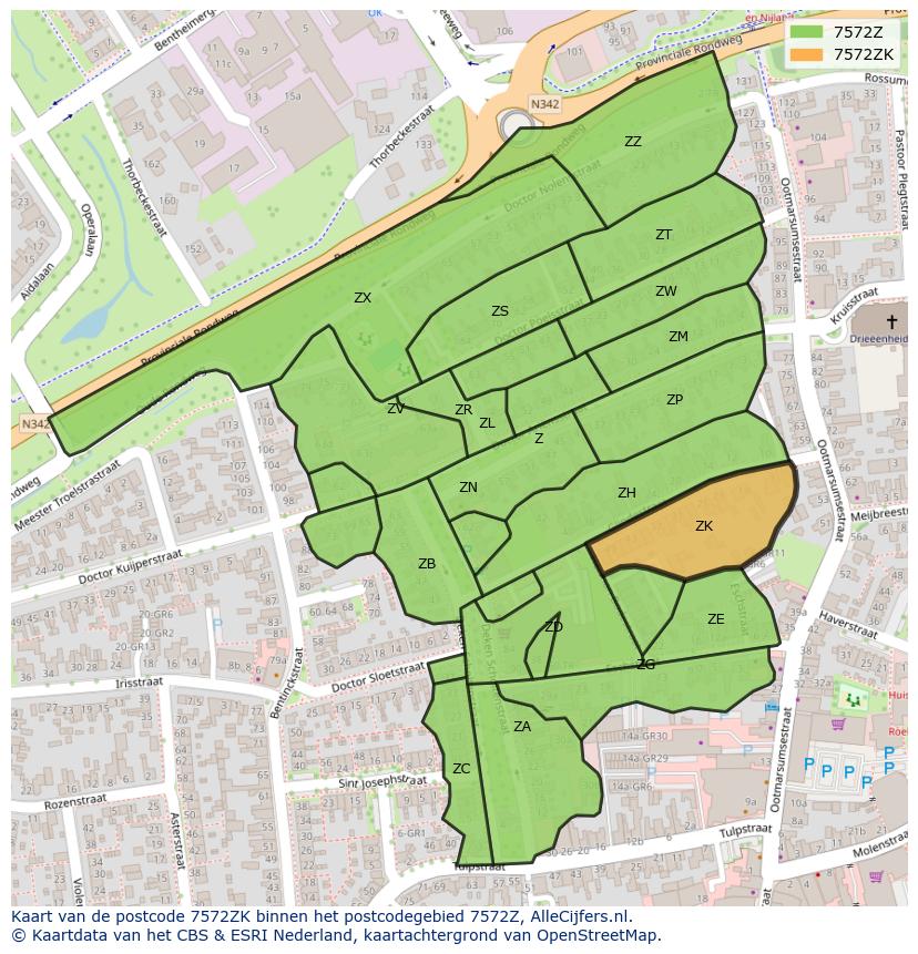 Afbeelding van het postcodegebied 7572 ZK op de kaart.