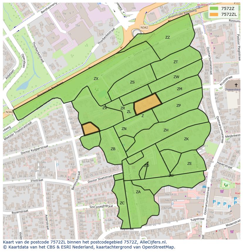 Afbeelding van het postcodegebied 7572 ZL op de kaart.