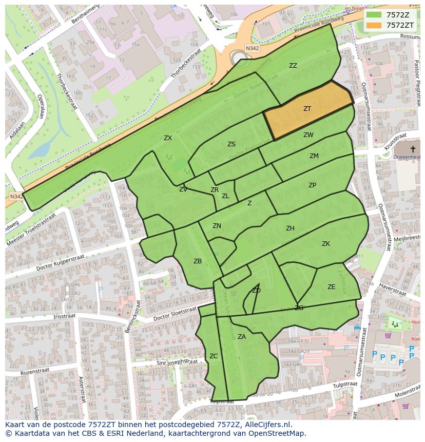 Afbeelding van het postcodegebied 7572 ZT op de kaart.