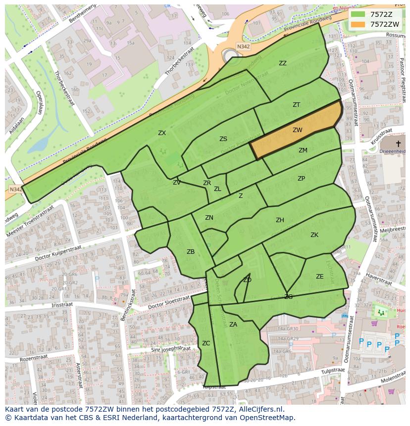 Afbeelding van het postcodegebied 7572 ZW op de kaart.