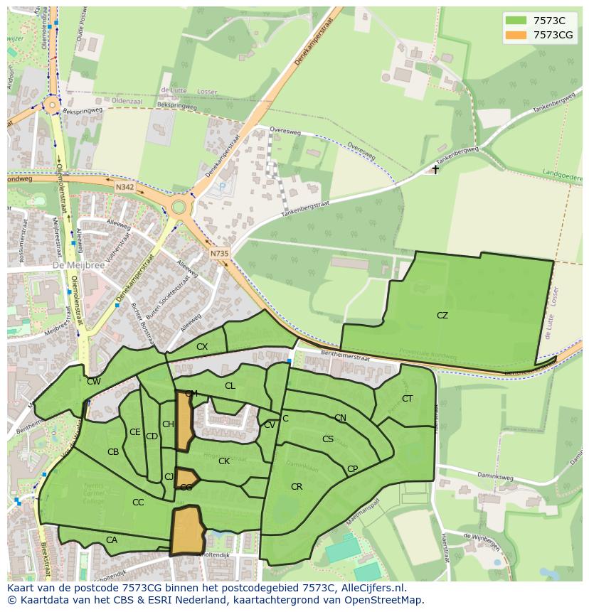 Afbeelding van het postcodegebied 7573 CG op de kaart.