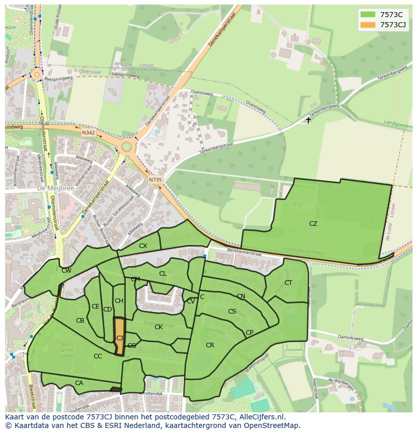 Afbeelding van het postcodegebied 7573 CJ op de kaart.