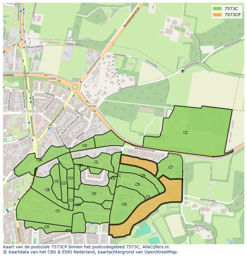 Afbeelding van het postcodegebied 7573 CP op de kaart.
