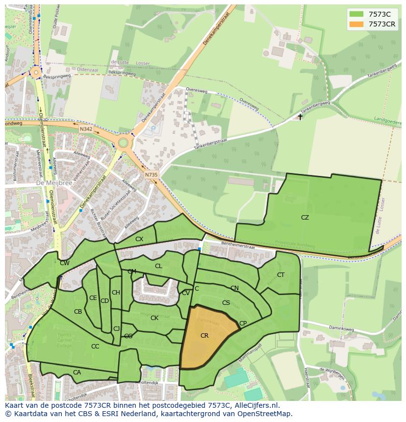 Afbeelding van het postcodegebied 7573 CR op de kaart.