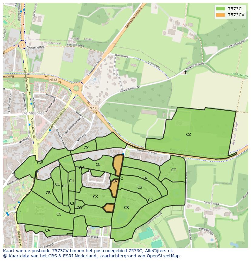 Afbeelding van het postcodegebied 7573 CV op de kaart.