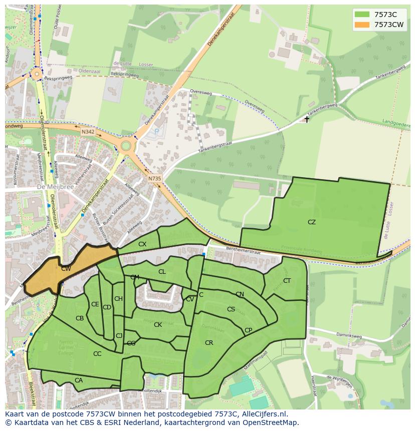 Afbeelding van het postcodegebied 7573 CW op de kaart.