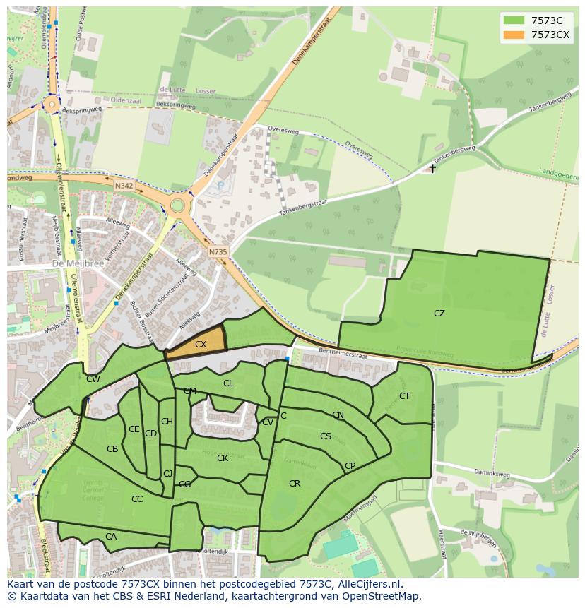 Afbeelding van het postcodegebied 7573 CX op de kaart.