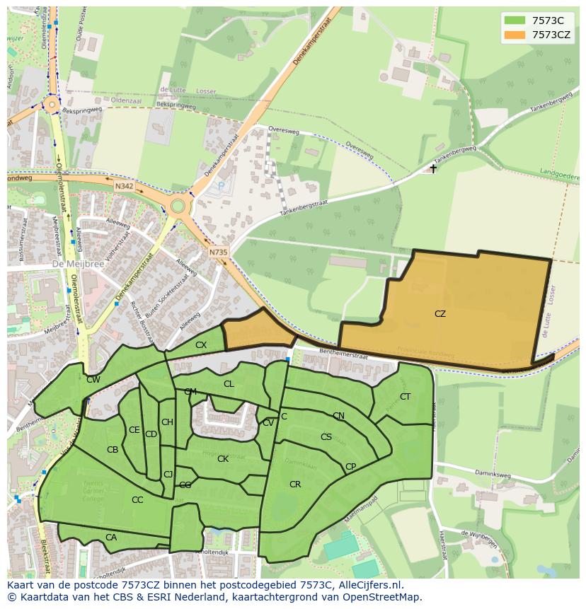 Afbeelding van het postcodegebied 7573 CZ op de kaart.