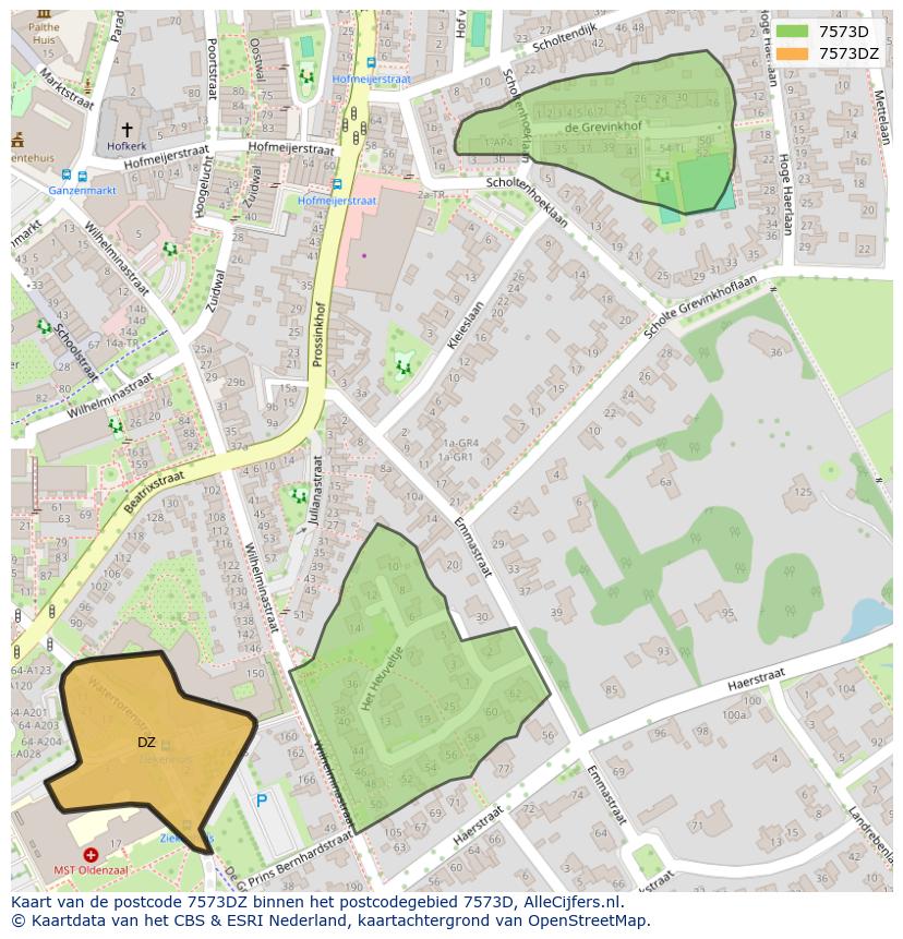 Afbeelding van het postcodegebied 7573 DZ op de kaart.