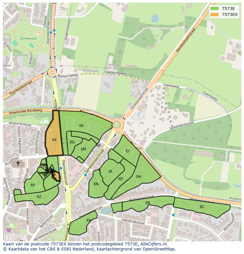 Afbeelding van het postcodegebied 7573 EX op de kaart.