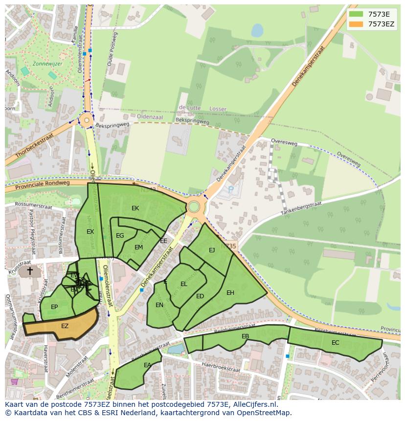 Afbeelding van het postcodegebied 7573 EZ op de kaart.